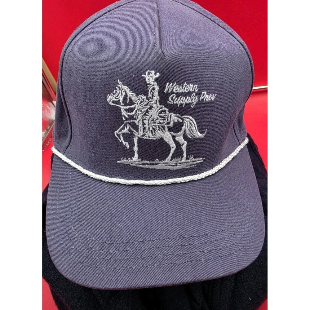 Snapback Hat Western Supply Prov. Cowboy On Horse White Rope On Blue Hat Capture